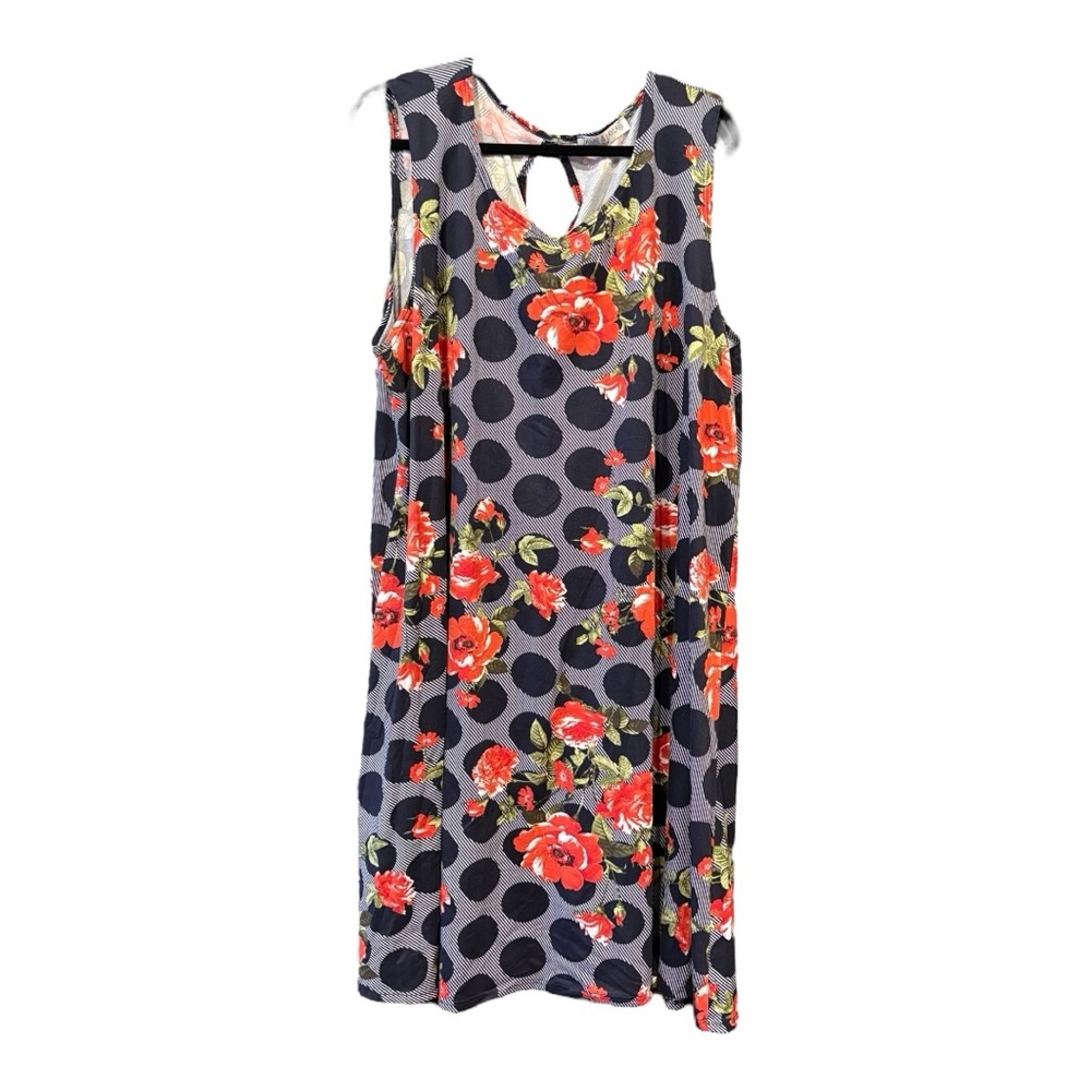 Jamie & Layla Plus navy & red floral polka dot sleeveless swing dress 2X X